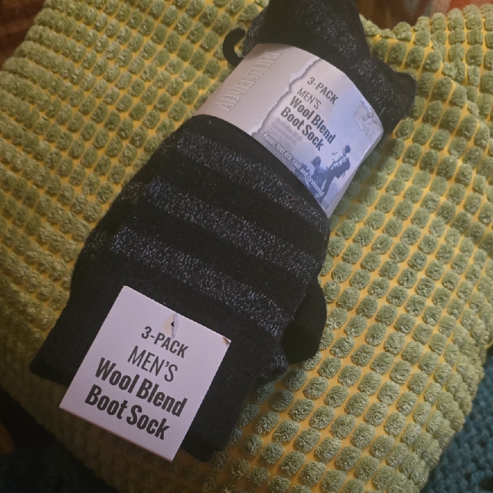 3 Pair Wool Blend Boot Socks Black Gray - Hiking Winter Men's  Large 9-12